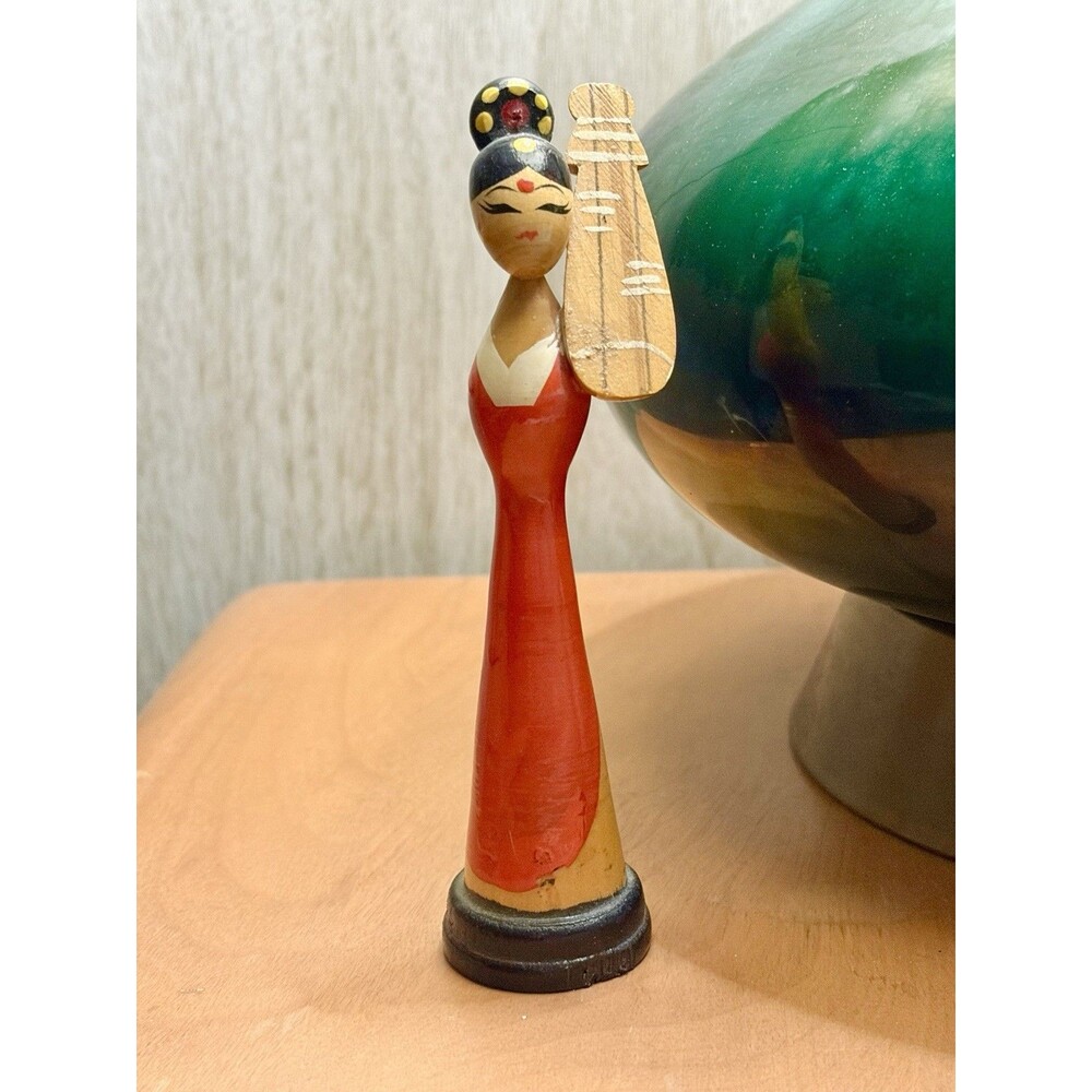 Vintage Japanese Kokeshi Sosaku Doll Painted Red Instrument Spindle Wood 50's